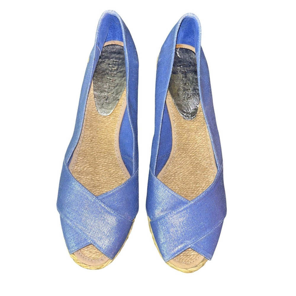 Lauren Ralph Lauren Cecilia Blue Linen Espadrille Wedges Peep Toe Sandals 10B